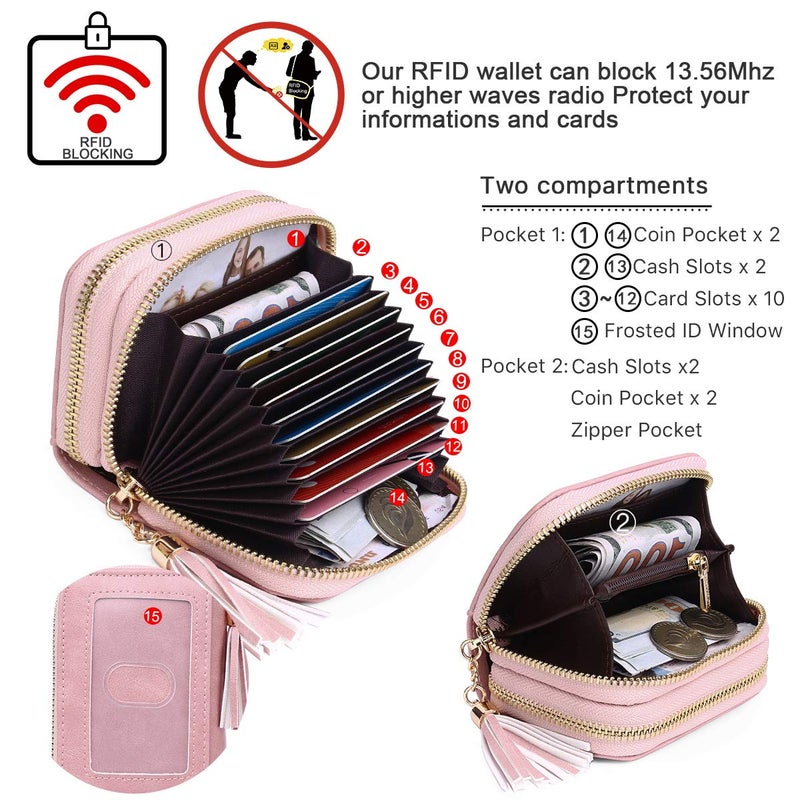APHISON RFID Credit Card Holder Zipper Card Case Keychain Small Wallet for Women 1942-2 PINK - Image 3